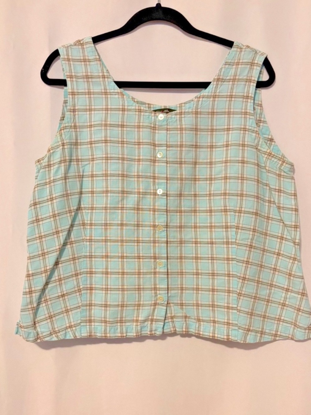 Eddie Bauer Blue Plaid Cottagecore Sleeveless Button Front Cotton Tank Top XL